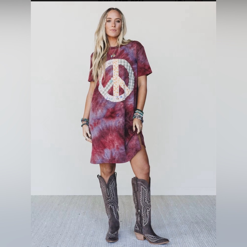 Tie-Dye Peace Sign Tee Dress - Burgundy/Purple - Picture 2 of 7
